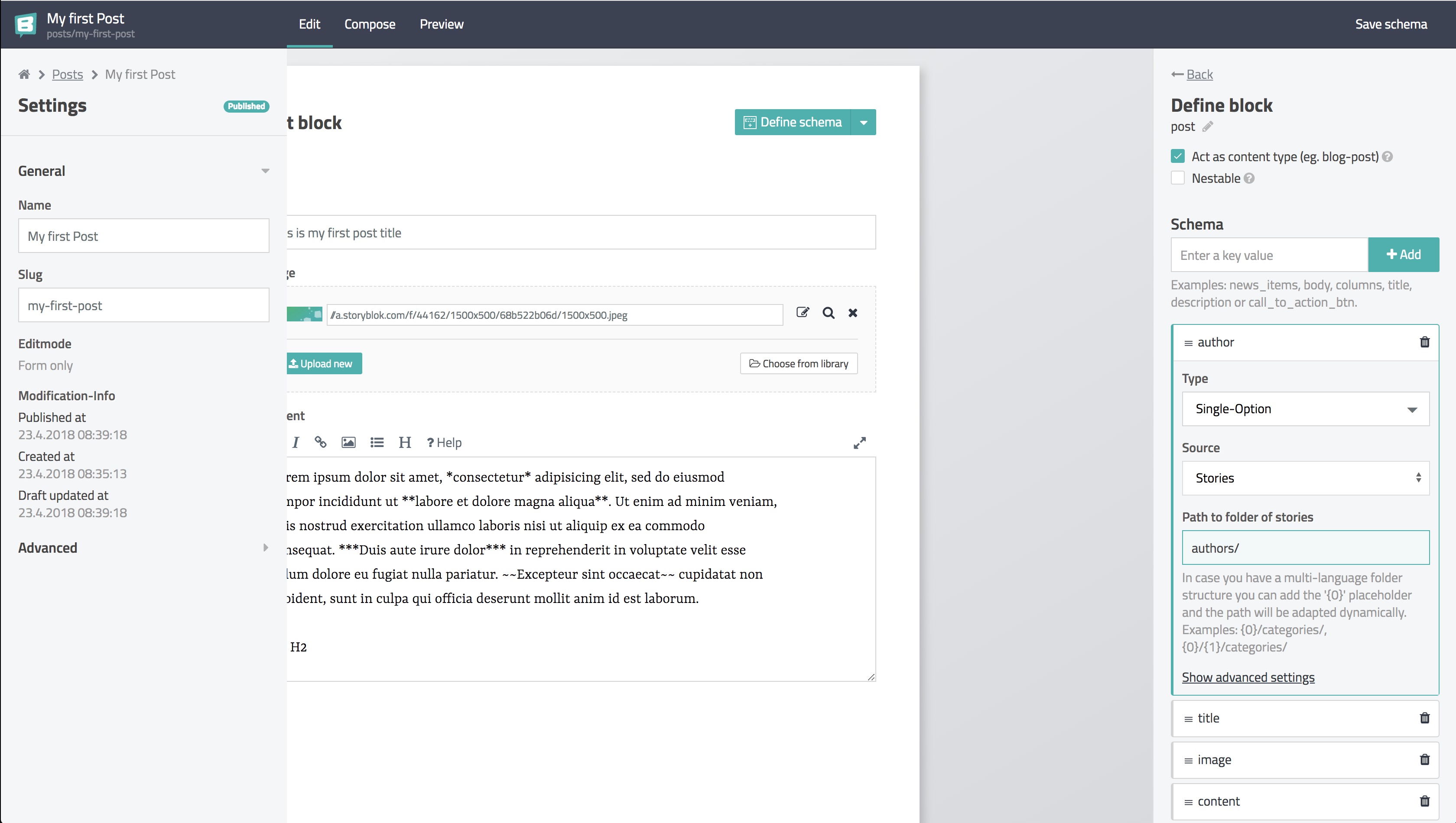 Image of the schema configuration of the author field