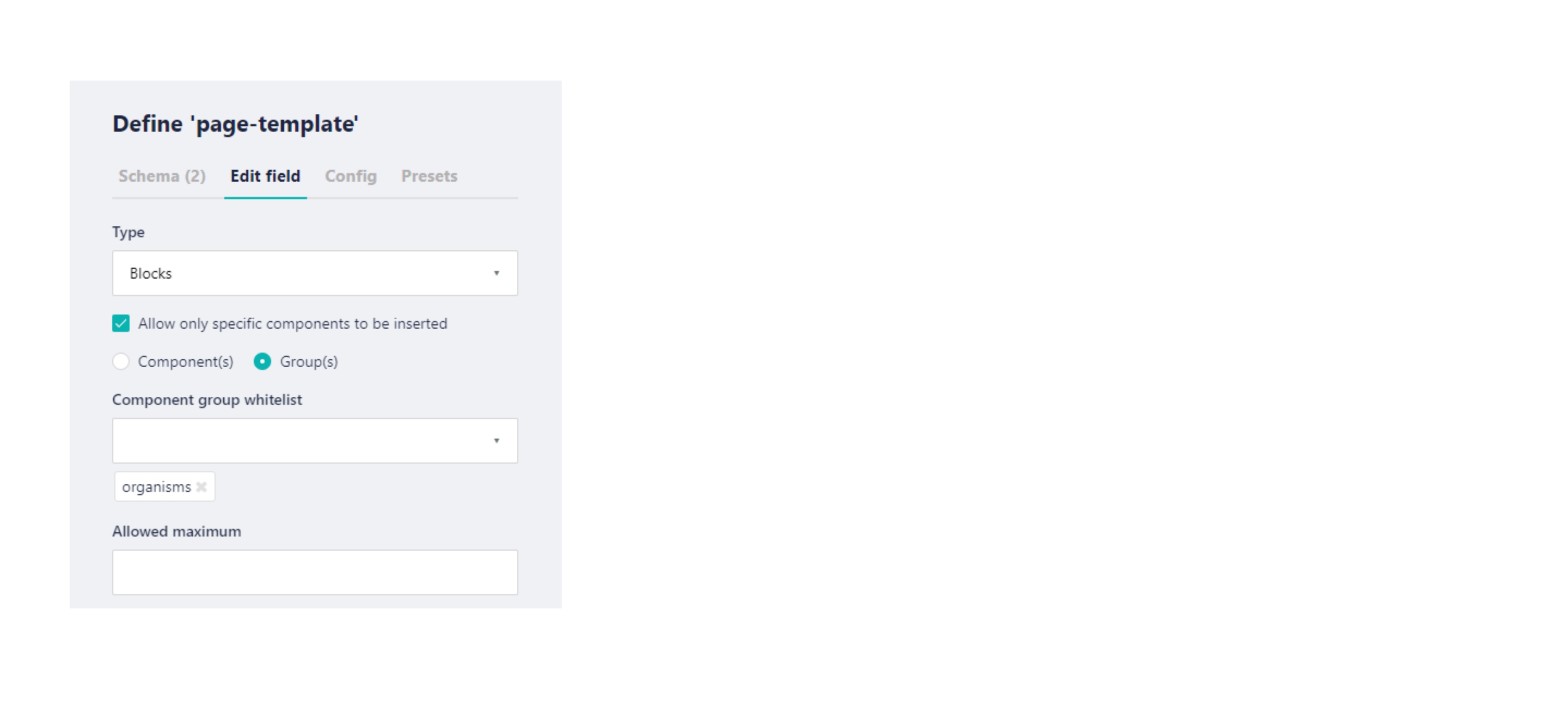 Schema of the page template in Storyblok