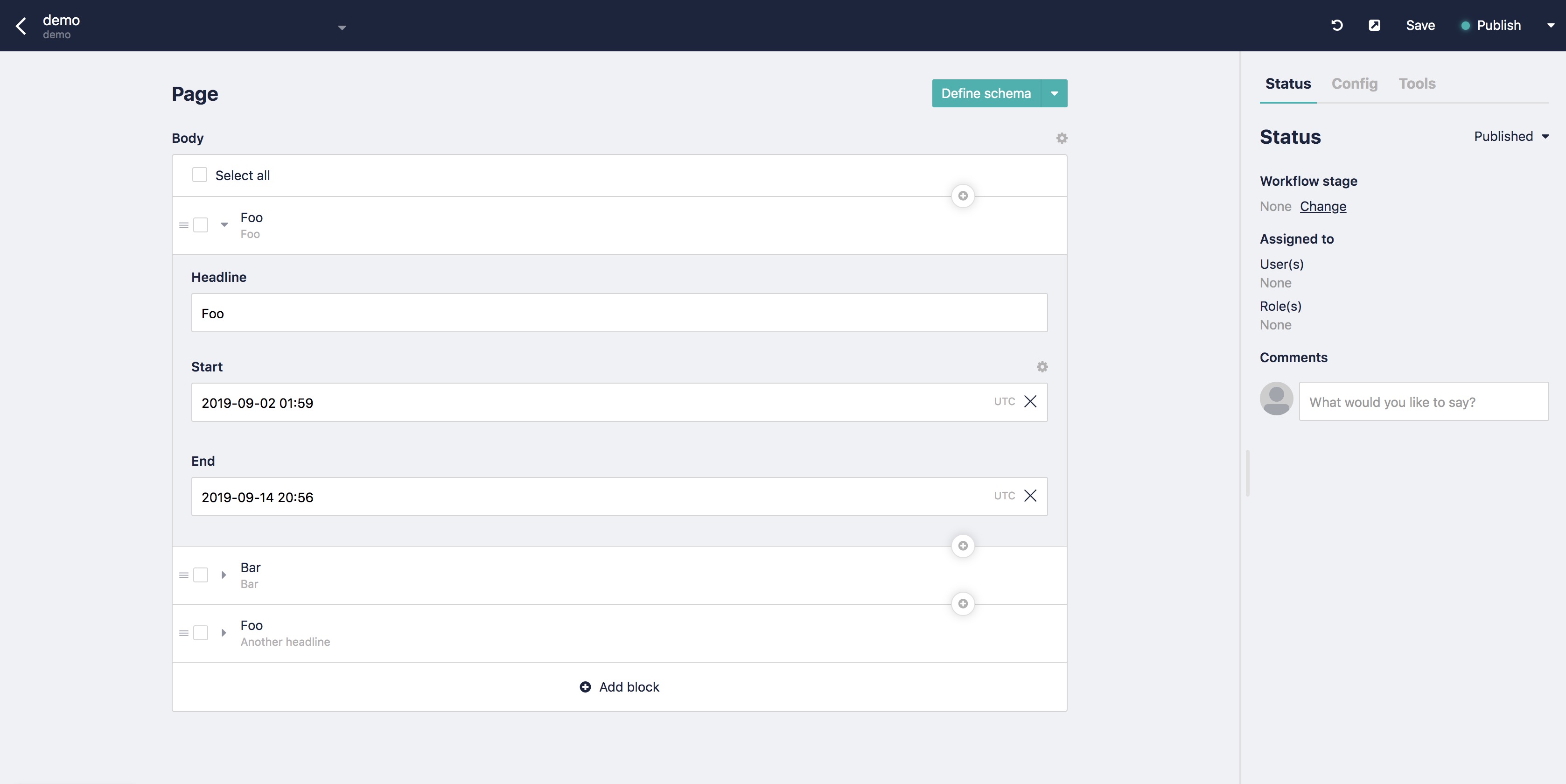 Start End Schema in components of Storyblok