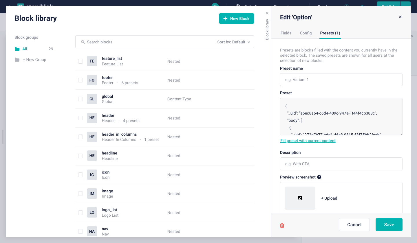 Shown list of defined presets for a component/story from example use case