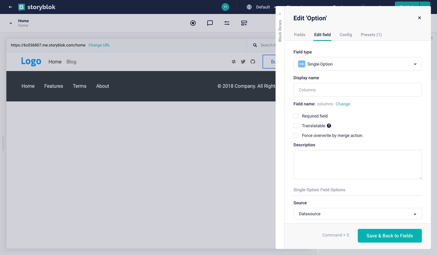 how to select datasource as source for single-options field type