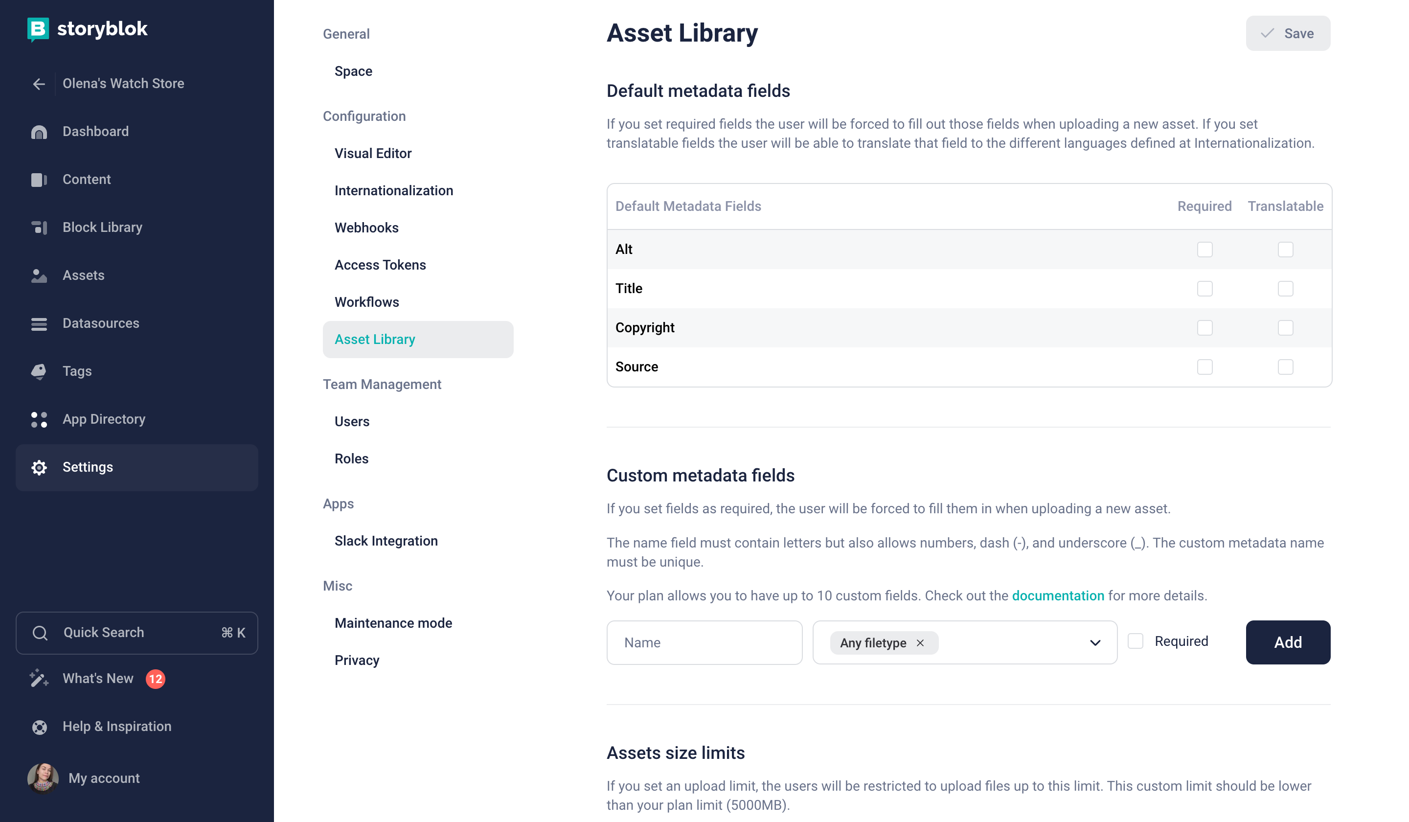 Screenshot from the asset library in Storyblok app