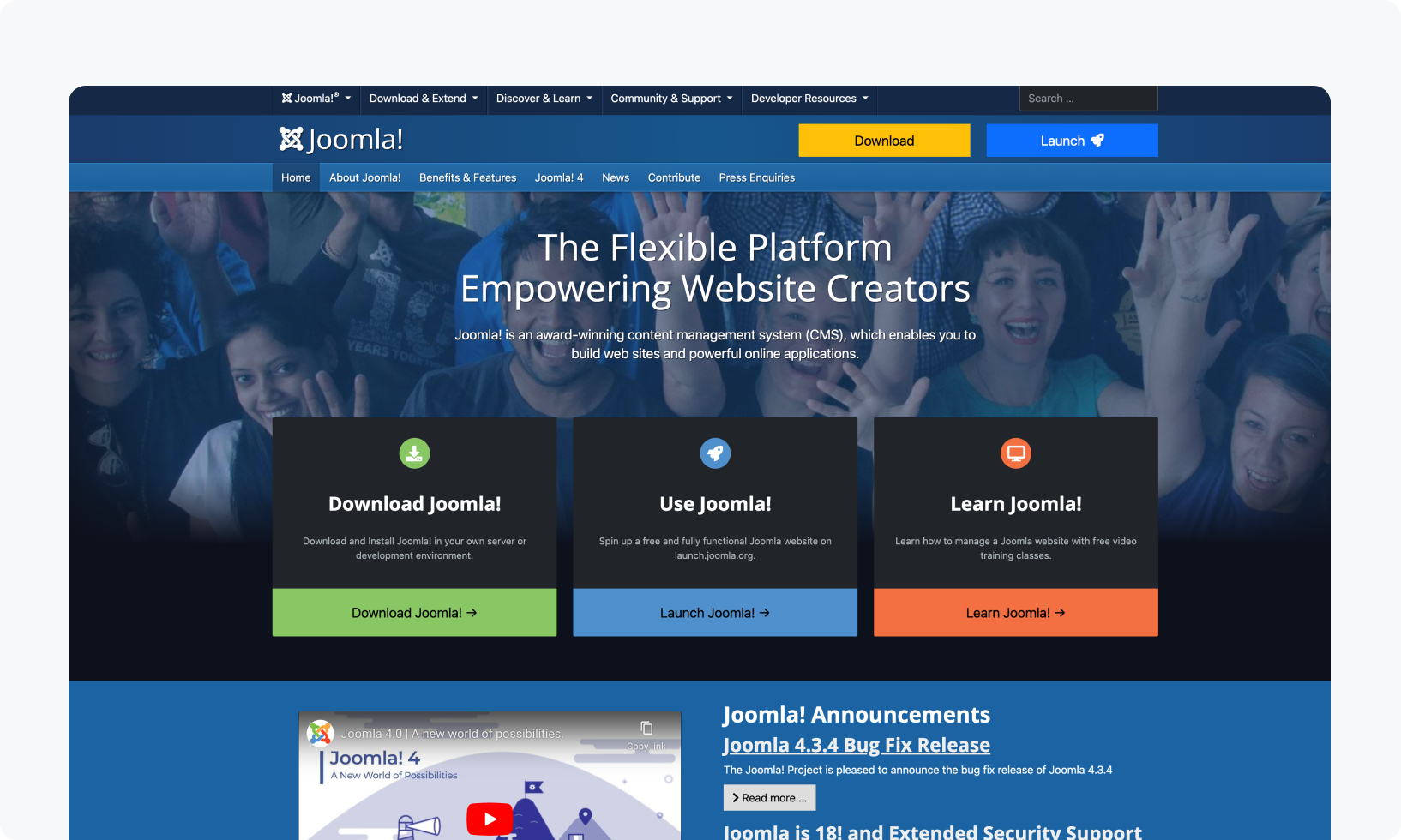 The homepage for Joomla, a WordPress alternative that is also open-source.