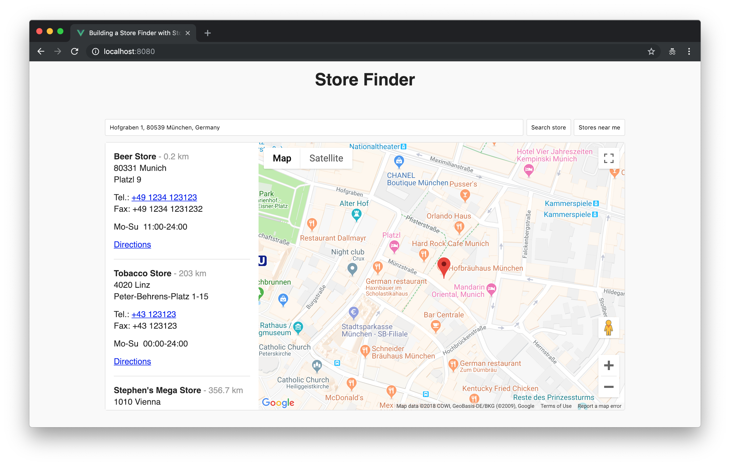 The final result: a list of stores sorted by distance and a map zoomed to the nearest store.