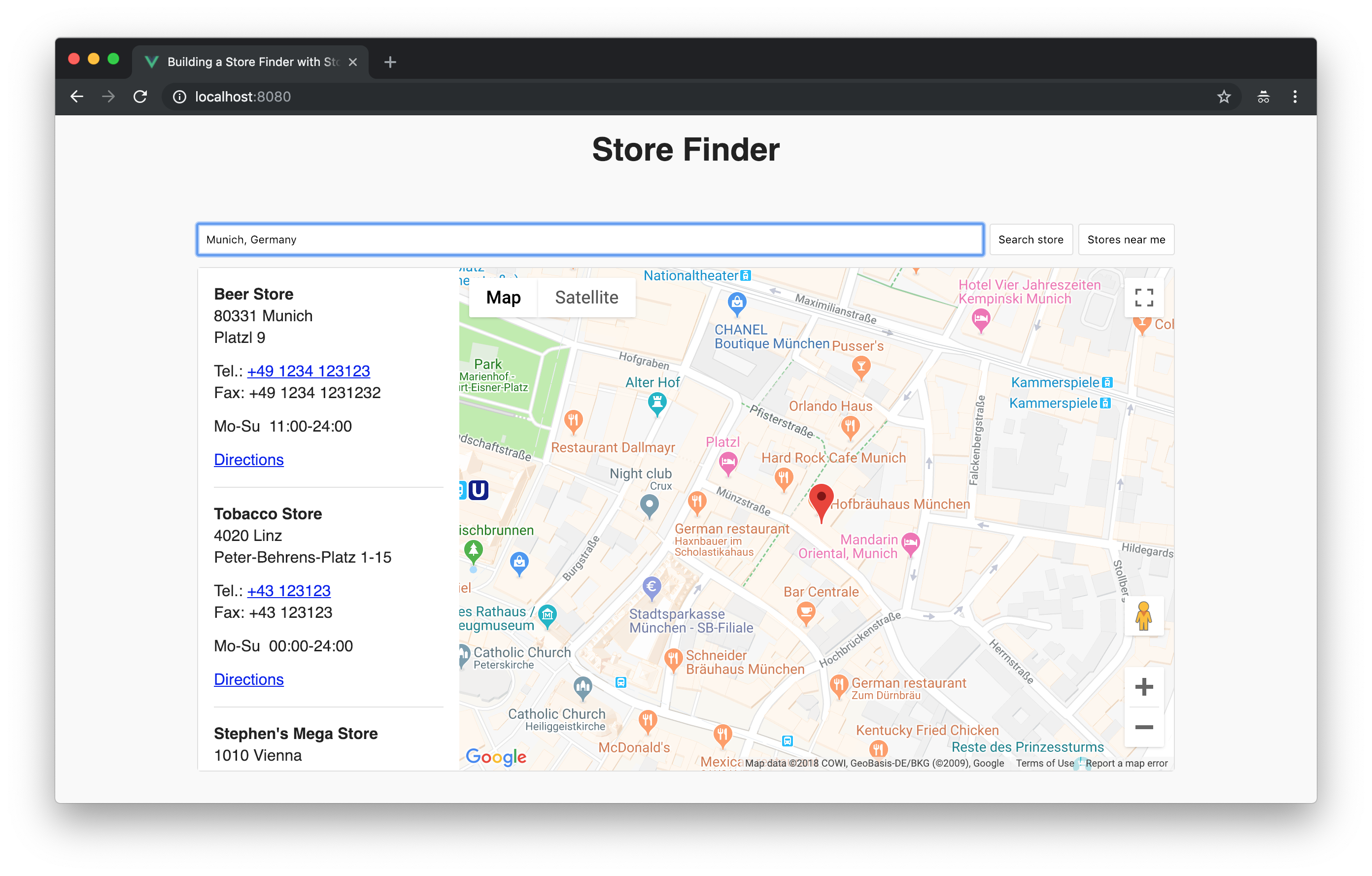 Store Finder list sorted by distance and zoomed to nearest location.