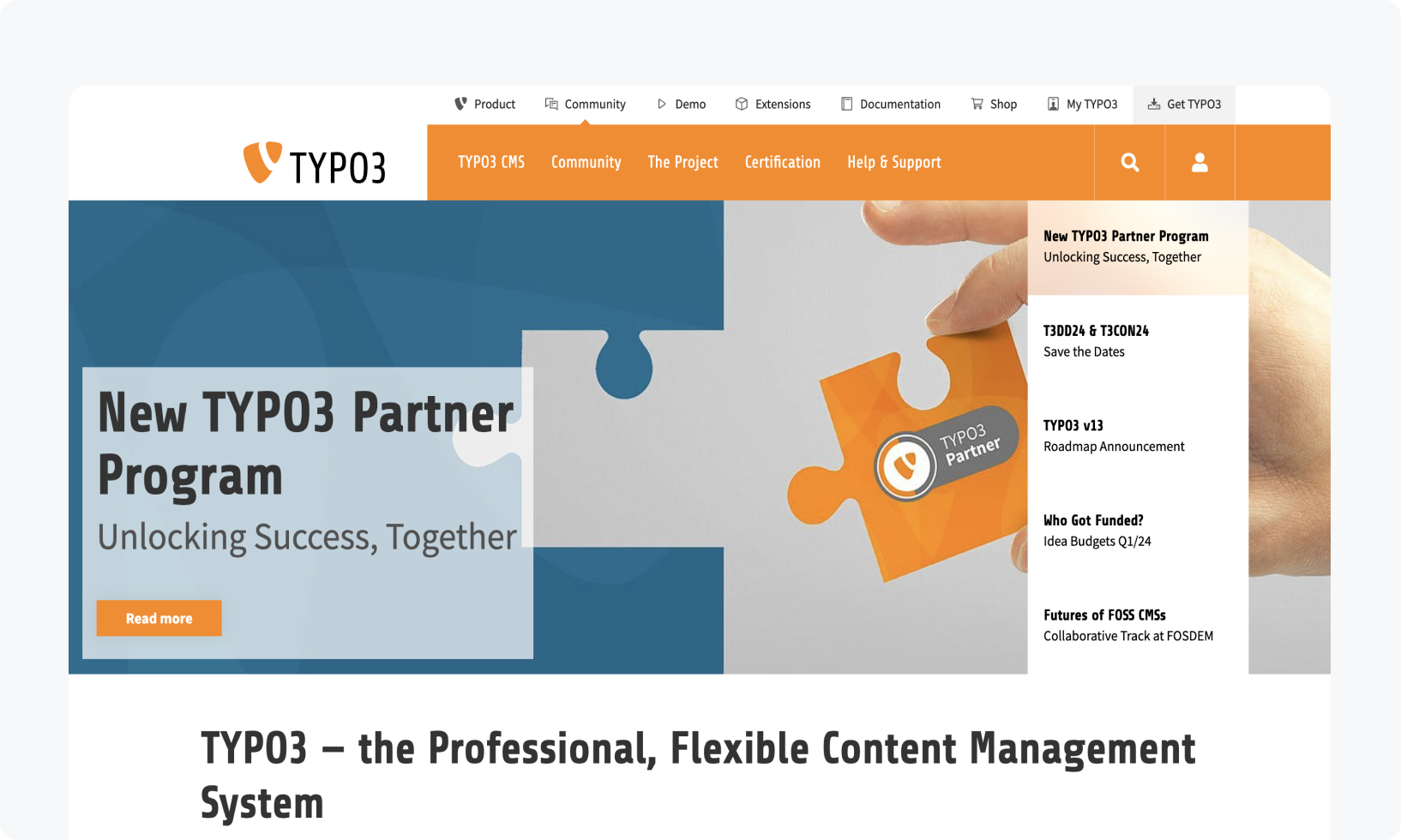 The homepage for Typo3