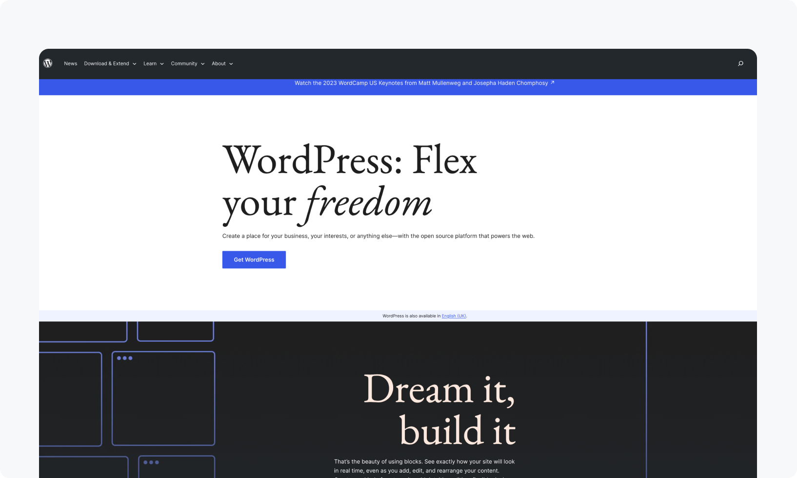 WordPress's homepage, an open-source Sitecore alternative.