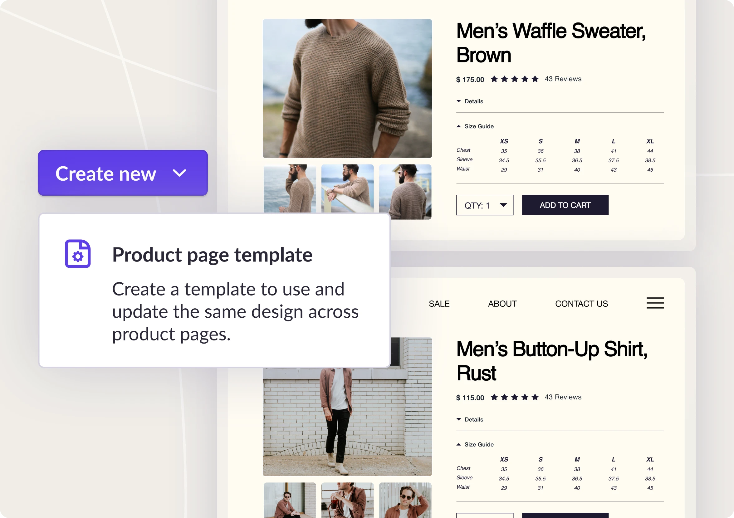 Two product pages with size charts utilizing the same template