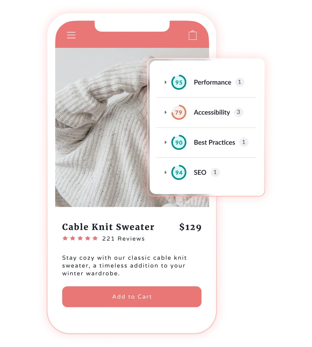 Mobile ecommerce product page with website performance scores