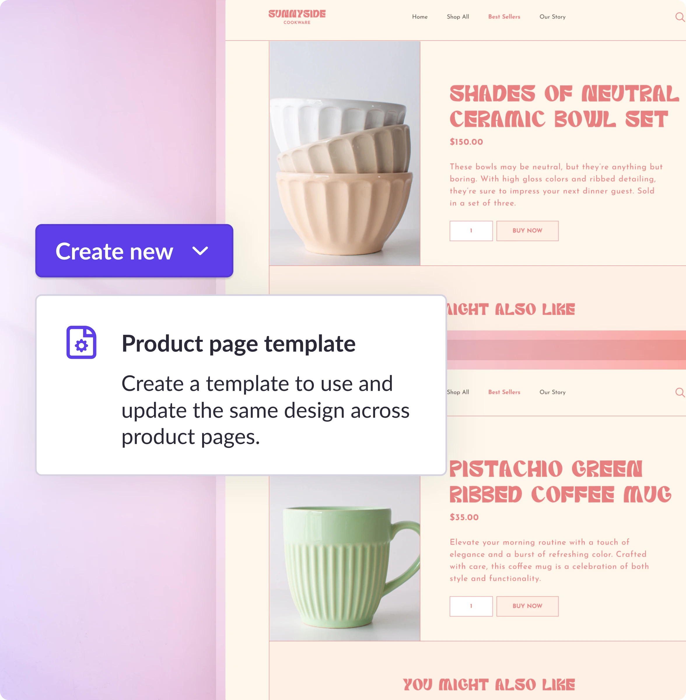 Two product detail pages with UI element that says 'Create new product page template' overlaid on top